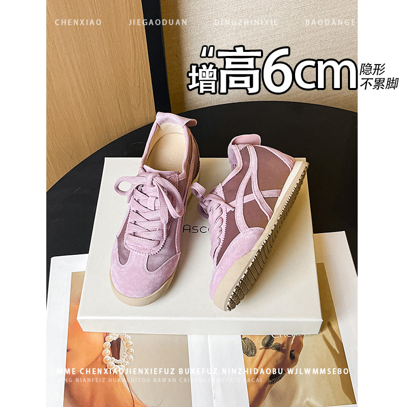 不累脚！隐形内增高6CM圆头拼色德训鞋2026新款系带深口休闲女鞋