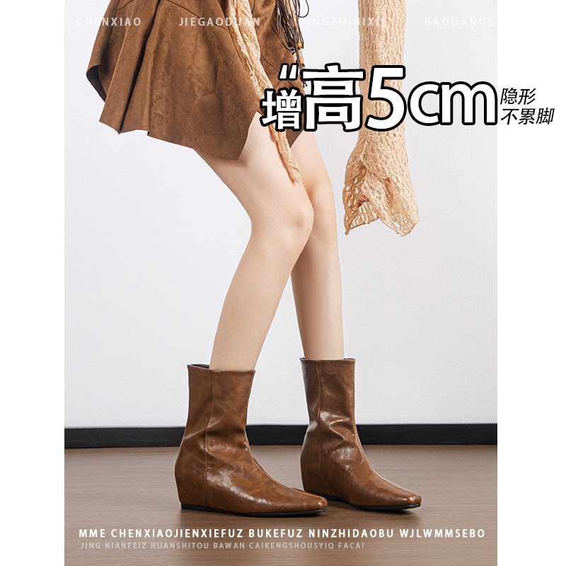 不累脚！内增高5CM韩版方头套筒骑士靴2026年冬季小个子短筒靴女