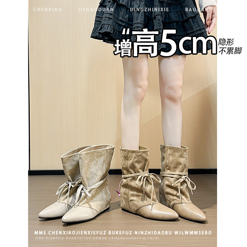 不累脚！内增高5CM系带绒面靴子2026冬新款小个子显瘦短筒靴女