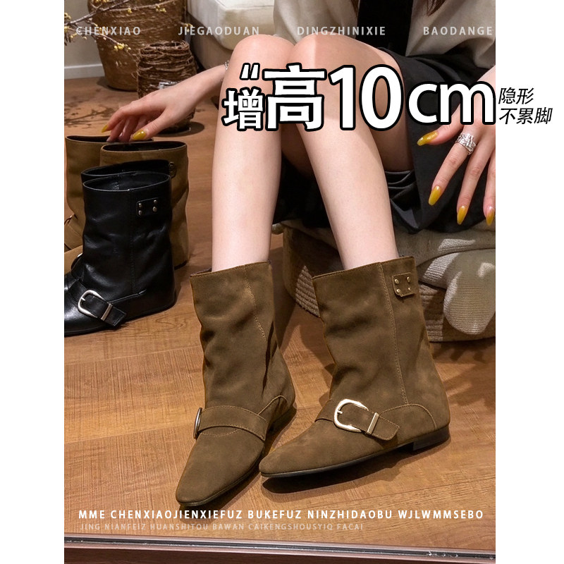 不累脚!内增高10CM方头皮带扣绒面堆堆靴2026年冬季套筒短筒靴女