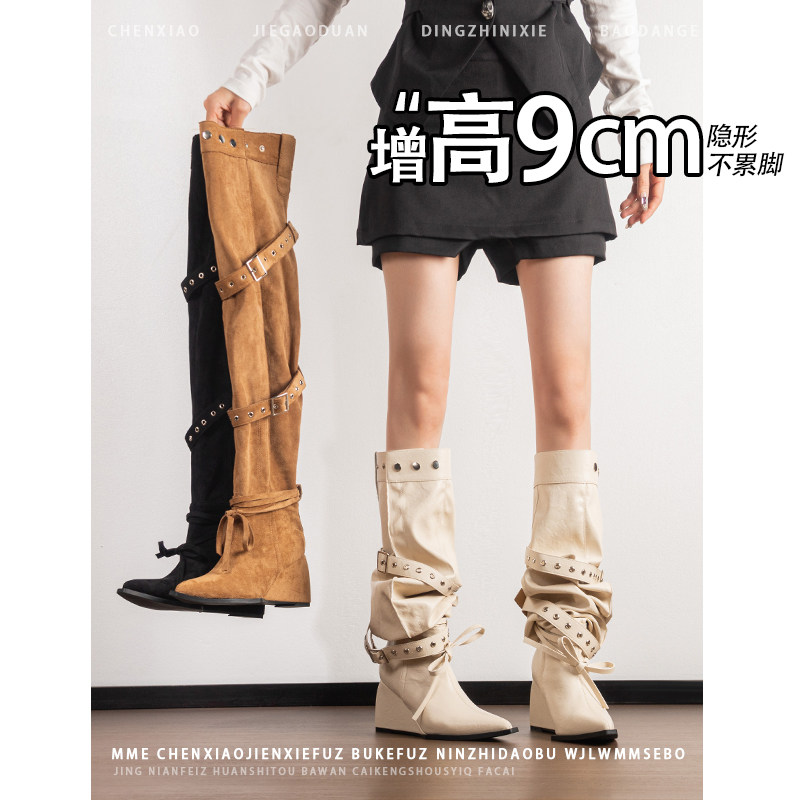 不累脚!内增高9CM尖头绑带堆堆靴2026年冬季两穿皮带扣长筒靴女