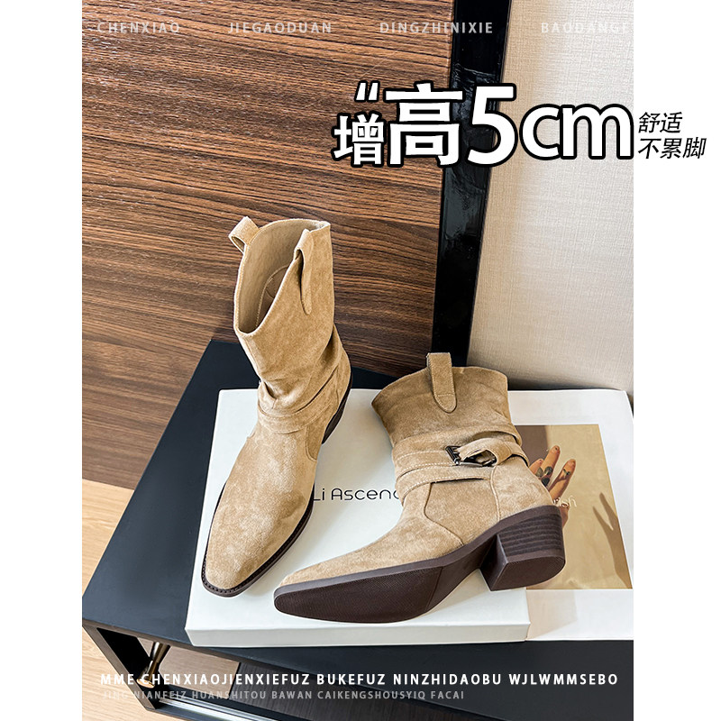 不累脚!内增高5CM复古风绒面粗跟堆堆靴2026年冬季搭扣中筒靴女
