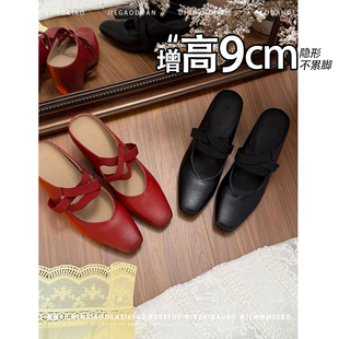 不累脚！内增高9CM玛丽珍半拖2026夏新款小个子时尚浅口高跟鞋女