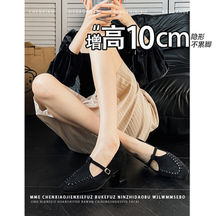 内增高10CM！小个子尖头粗跟玛丽珍鞋2026秋新款不累脚浅口单鞋女