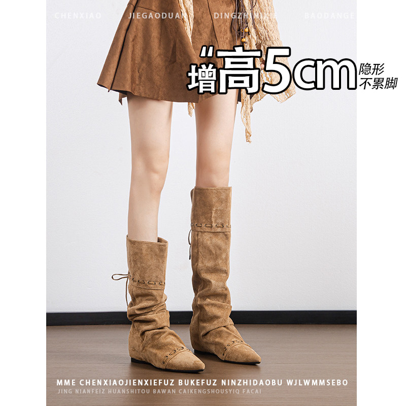 不累脚!内增高5CM尖头绑带堆堆靴2026年冬季可两穿折叠长筒靴女