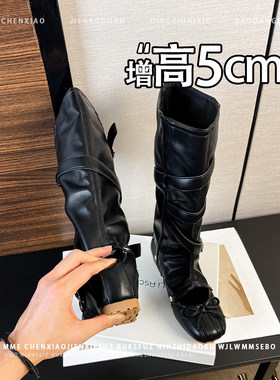 不累脚！内增高5CM黑色玛丽珍靴子2026秋冬新款蝴蝶结浅口单鞋女
