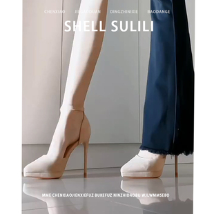 不累脚！小个子防水台高跟鞋女2025春夏季绒面尖头细跟单鞋侧空鞋