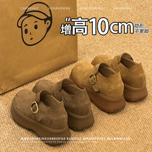 隐形内增高10CM!小个子圆头绒面勃肯鞋2025秋冬新款小众单鞋女