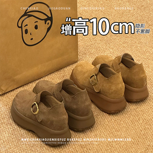 隐形内增高10CM！小个子圆头绒面勃肯鞋2025秋冬新款小众单鞋女