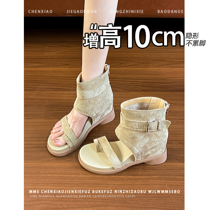 不累脚！隐形内增高10CM杏色露趾凉鞋2026秋冬新款后拉链短筒靴女