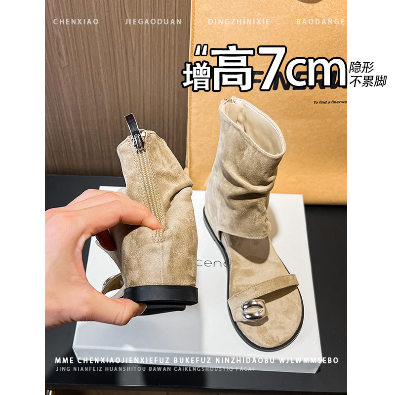不累脚！内增高7CM露趾裤管靴套趾2026夏季新款后拉链罗马凉靴女