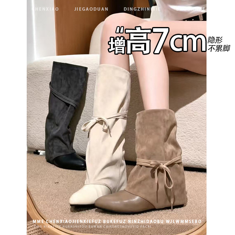 不累脚!内增高7CM尖头绑带时装靴子2026秋冬新款小个子短筒靴女