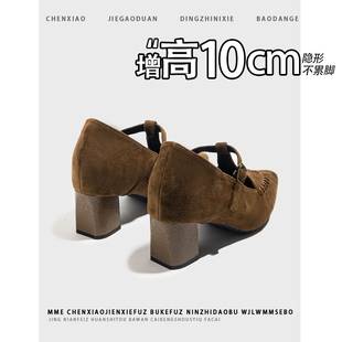不累脚！小个子内增高10CM玛丽珍鞋2026秋新款法式粗跟浅口单鞋女