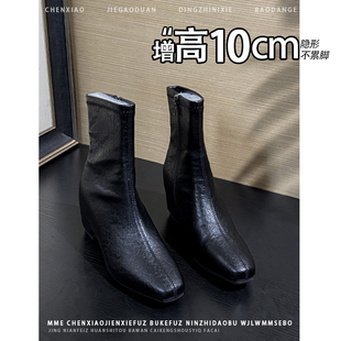 不累脚!内增高10CM法式方头亮面靴子女2025冬季新款侧拉链中筒靴