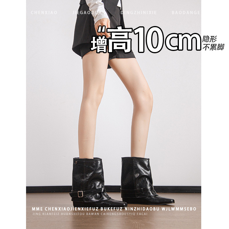 不累脚!内增高10CM方头辣妹裤管靴2026年冬季皮带扣靴子短筒靴女