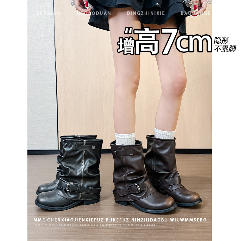 不累脚!内增高7CM方头皮带扣堆堆靴子2026秋冬新款粗跟短筒靴女