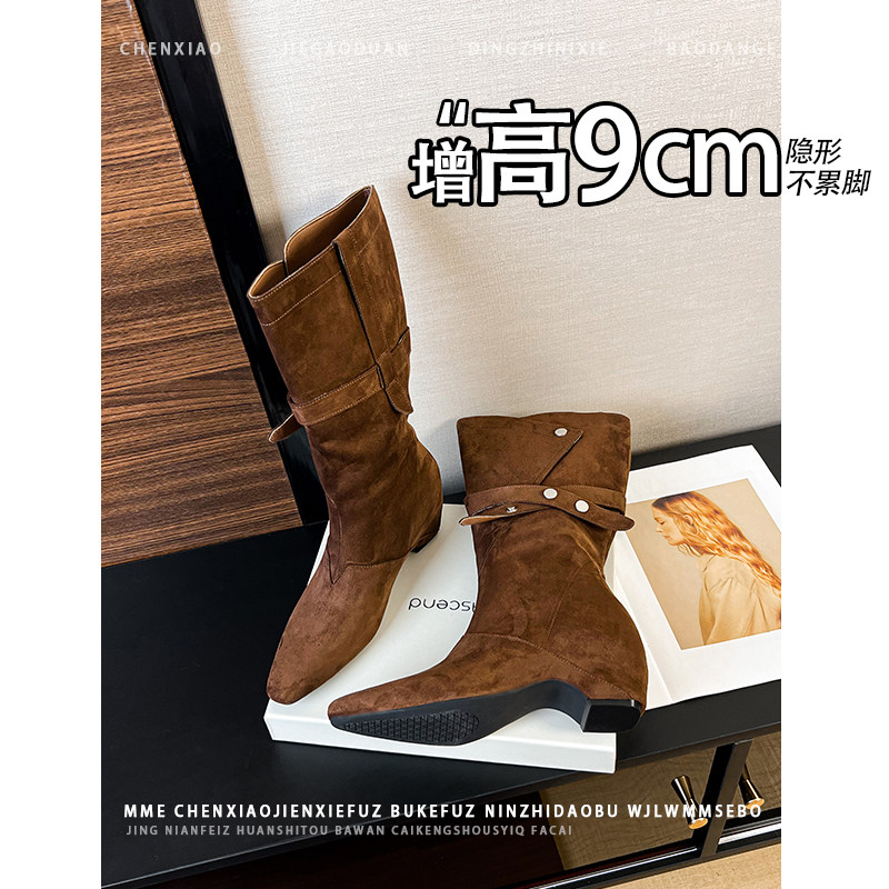 不累脚！内增高9CM小个子高筒靴女2026冬季新款西部牛仔风堆堆靴