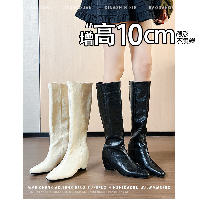 不累脚!内增高10CM小个子黑色骑士靴子2026冬新款后拉链中筒靴女