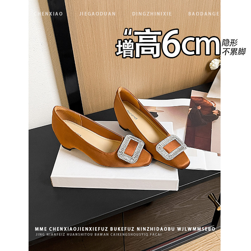 不累脚!隐形内增高6CM水钻扣方头玛丽珍鞋2026新款小个子单鞋女