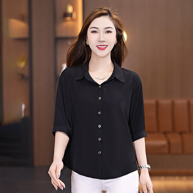 2026新款妈妈夏装雪纺衬衫中老年女装春秋七分袖翻领T恤洋气上衣