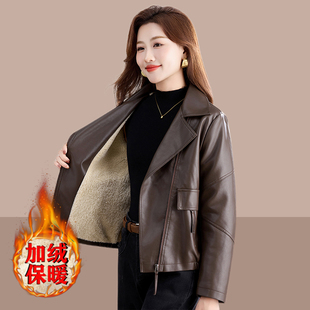 棕色皮衣外套女小个子2025新款春秋洋气加绒pu皮夹克休闲短款上衣