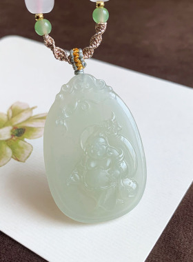 天然和田玉弥勒佛山水牌吊坠