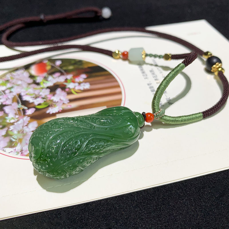 精品天然和田玉碧玉白菜吊坠菠菜绿百财玉石坠挂件立体饱满玉佩女