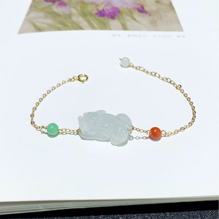 天然缅甸翡翠A货冰白貔貅手链14k包金南红绿珠轻奢高级手饰百搭女