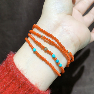 天然极细南红玛瑙柿子红多圈手串绿松石简约小米珠手链百搭项链女