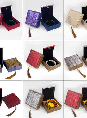 亚麻布流苏礼盒高级中国风红腰果复古手镯手串佛珠正方形收纳盒子