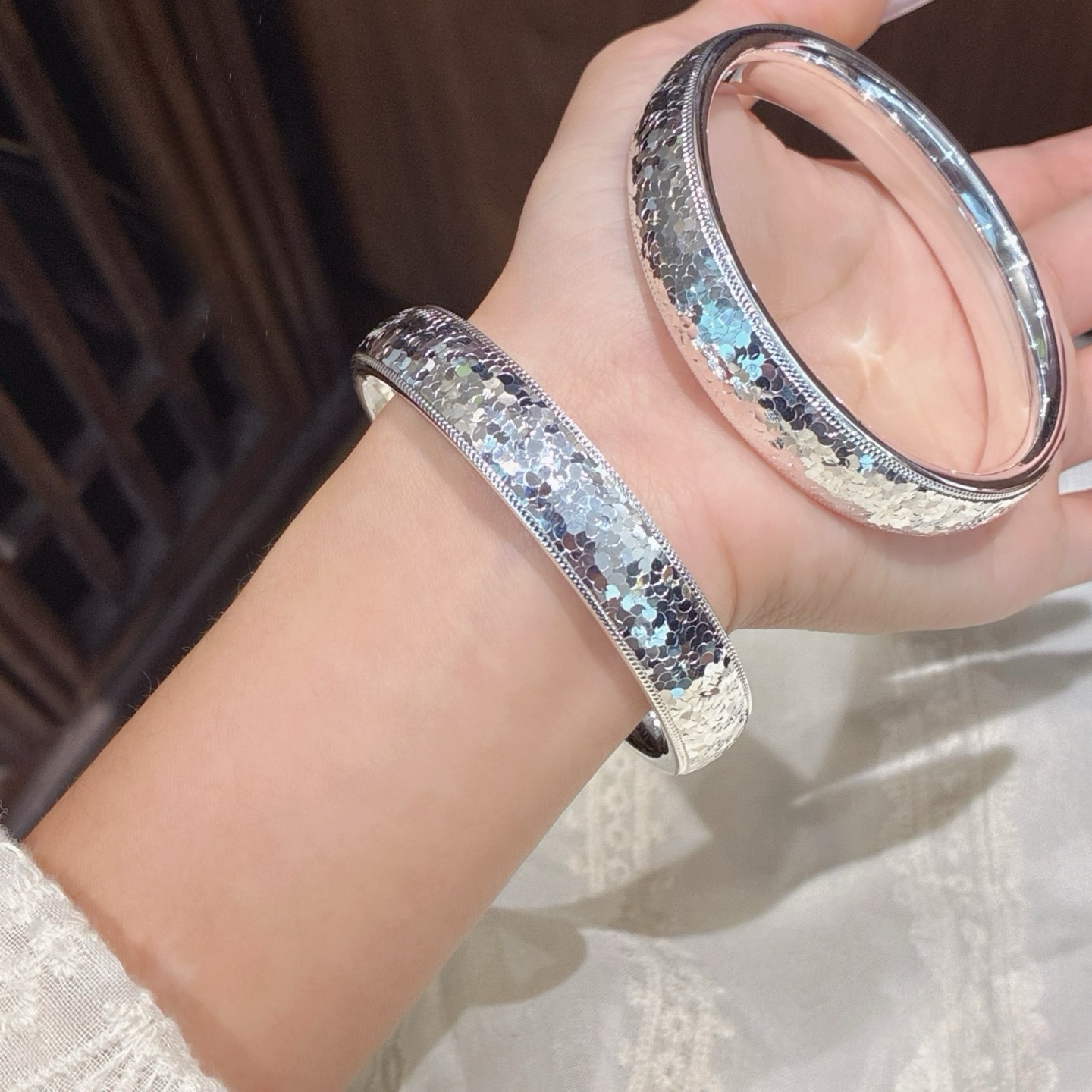 足银9999纯银手镯女龙鳞新中式碎冰冰轮胎宽版闭口镯子送妈妈女友