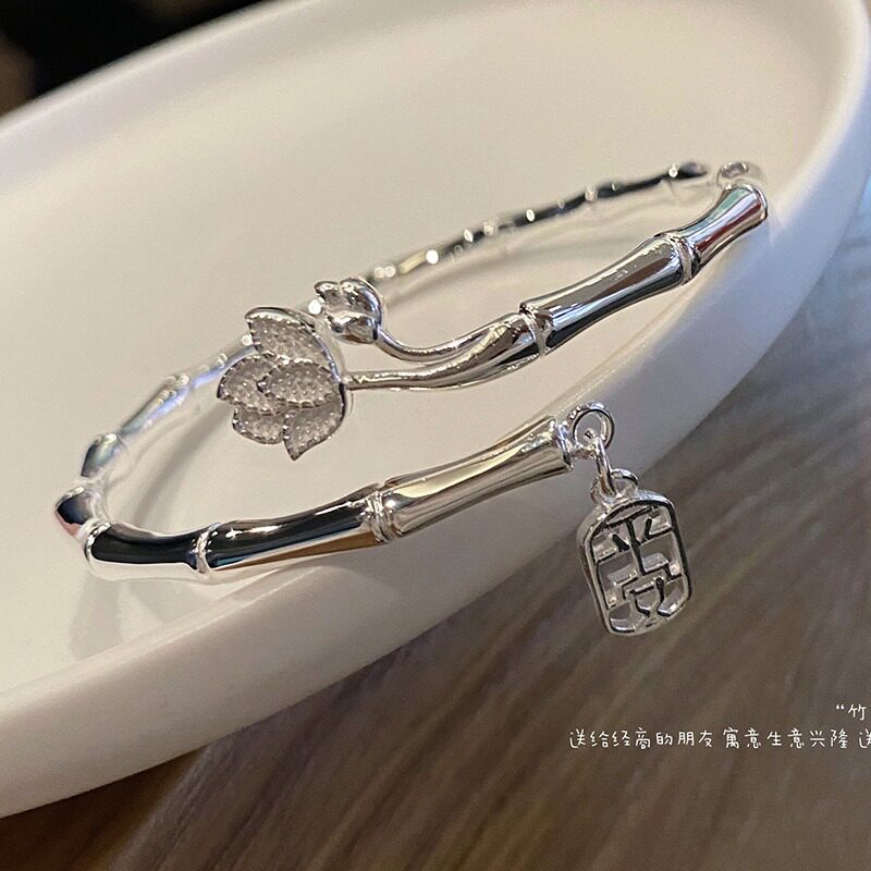 竹节银手镯女纯银9999年轻款莲花竹报平安足银手环送女友礼物小众