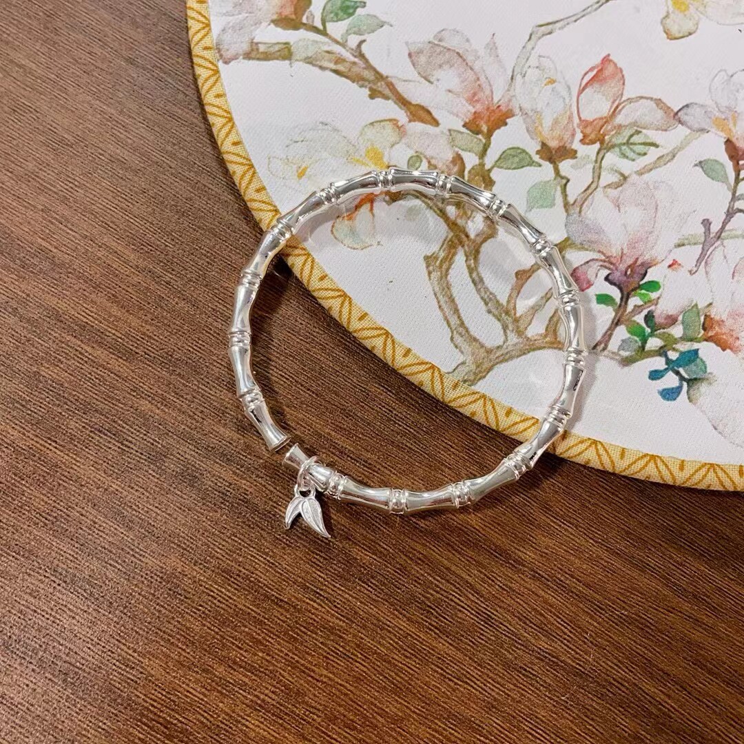 竹节足银9999银手镯女学生竹子报平安纯银手环开口镯子送女友老婆