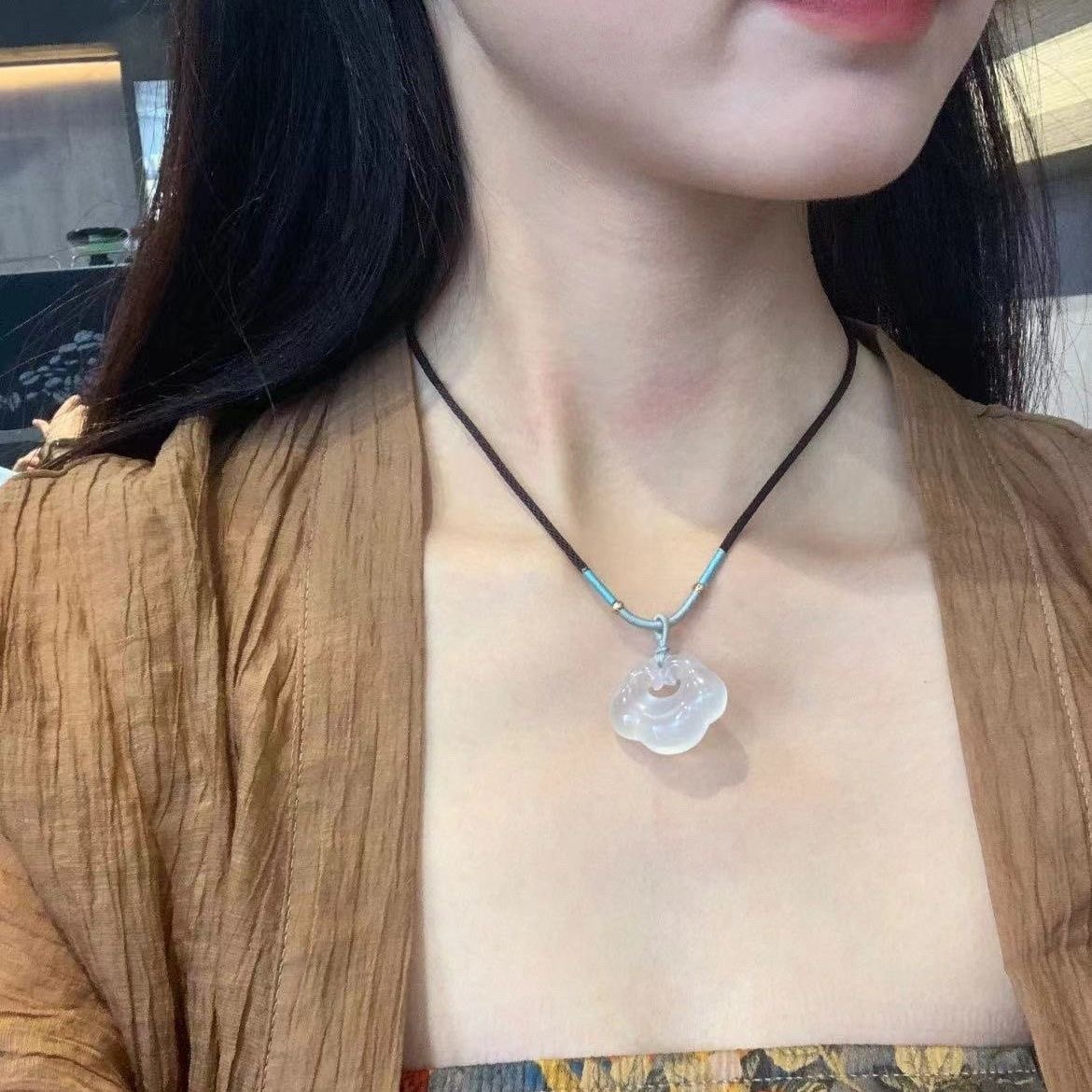 天然白玉髓祥云如意锁平安扣项链男女情侣款高冰玉石玛瑙吊坠佛公