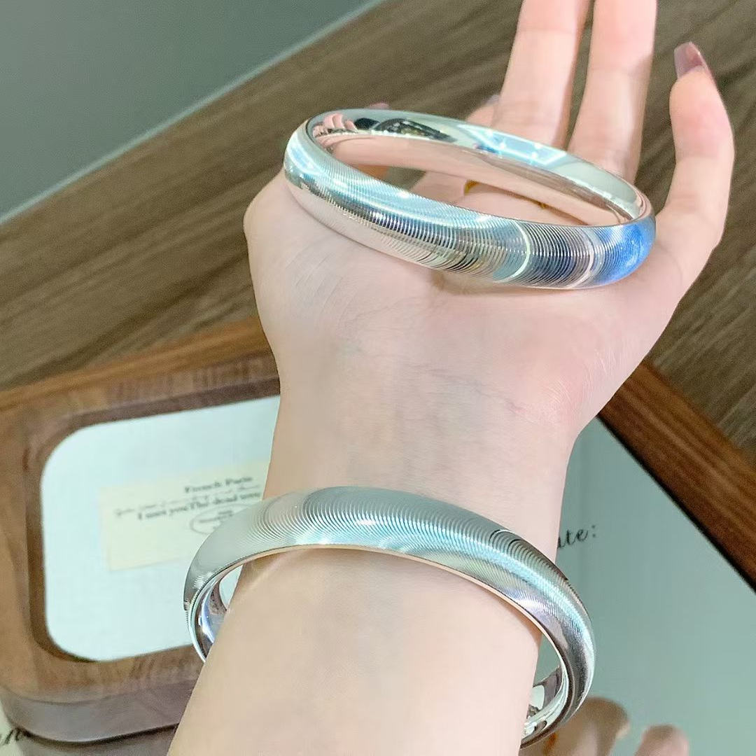 足银9999宽面猫眼纯银手镯闭环轮胎镯泥鳅背厚壁中空CNC车花闭口