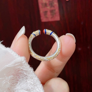 足银9999吉言卷草纹戒指女纯银实心描金雕刻银指环国风女友礼物