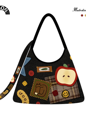 V-SION拼接苹果可爱童趣休闲潮流时尚单肩包小众百搭新月手提