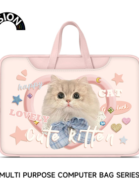 V-SION可爱猫咪笔记本电脑包手提适用苹果macbook15点6寸小新air13.3华为matebook联想女14内胆包pro保护套
