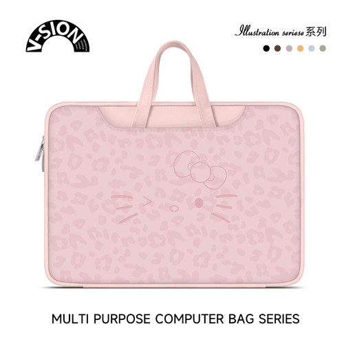 V-SION粉色KT豹纹笔记本电脑包手提适用苹果macbook15点6寸小新air13.3华为matebook联想女14内胆包pro保护套