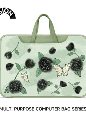 V-SION黑色玫瑰花插画笔记本重磅电脑包手提适用苹果macbook15点6寸小新air13华为matebook16联想女14内胆包