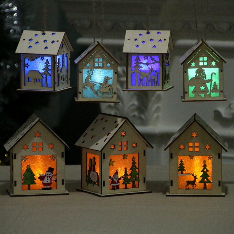 festival led light wood house christmas tree decorations