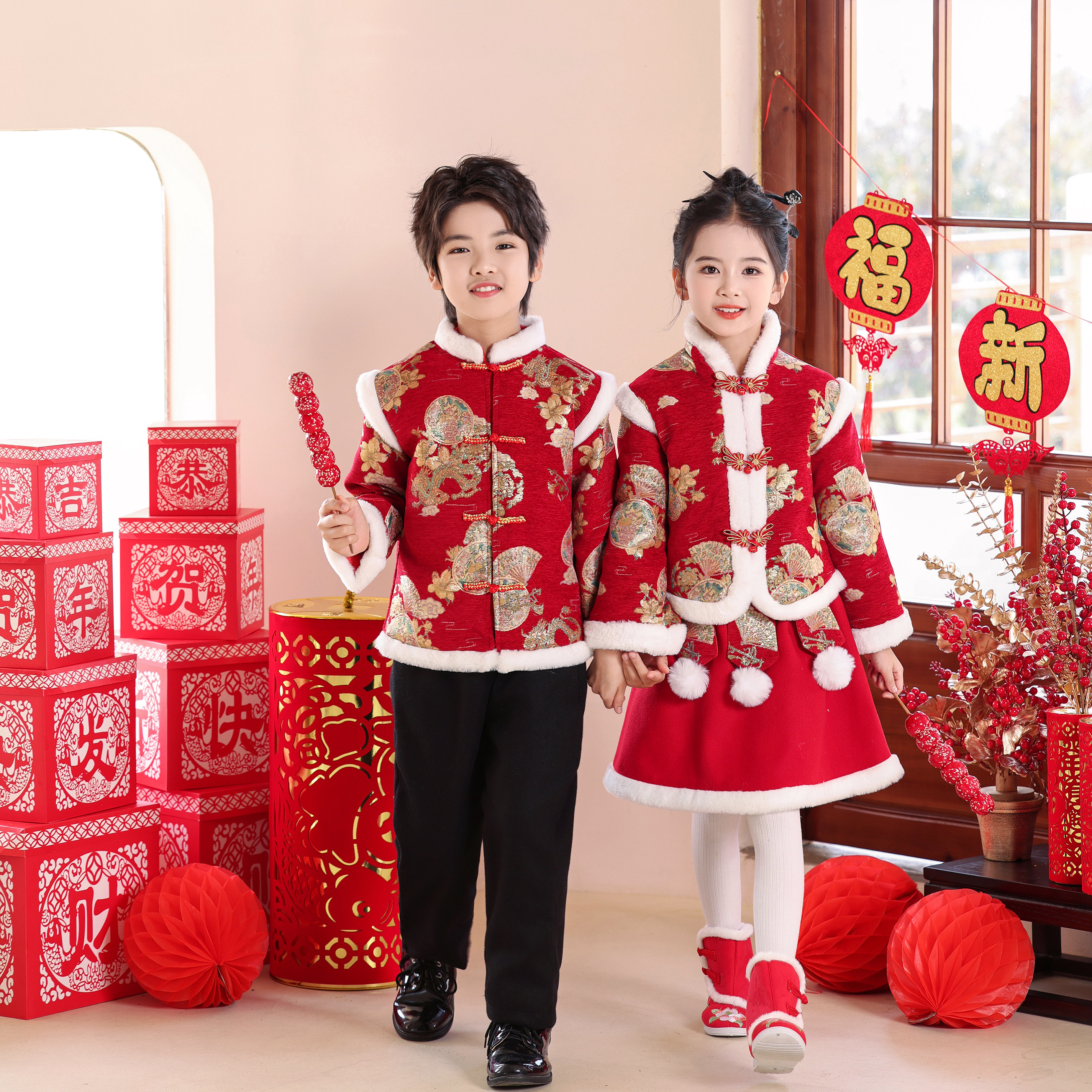 新年就要你happy元日舞蹈服加厚幼儿拜年服团团圆圆喜庆演出服红