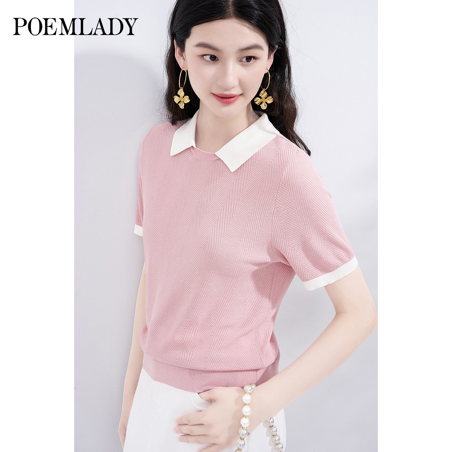 Polo领莱赛尔短袖粉色针织衫图片