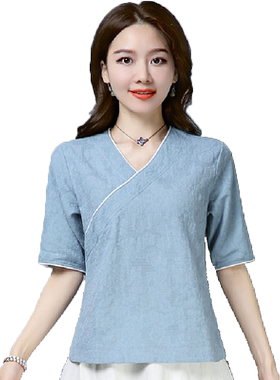 素服女棉麻禅意复古文艺茶道上衣