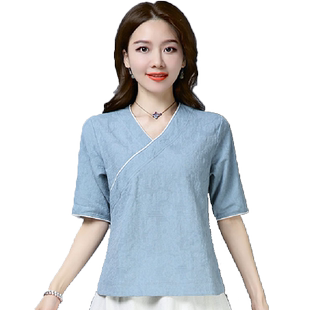禅茶服女夏棉麻禅意复古中国风文艺中式上衣茶艺师服装茶道素衣服