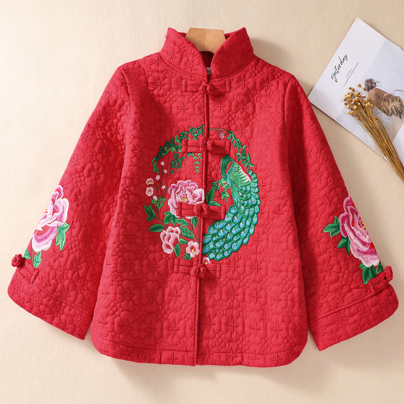 民族风刺绣短款小开衫女复古新中式唐装茶服外套秋冬季红色拜年服