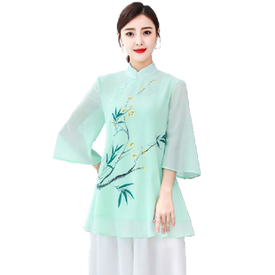 新中式夏季改良太极服女飘逸仙气七分袖时尚武术表演练功茶服上衣