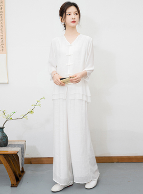 中式瑜伽服套装女白色昆达里尼冥想禅修太极服打坐辟谷舞韵表演服