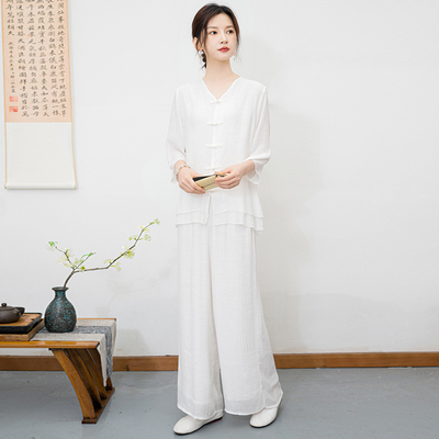 中式瑜伽服套装女白色昆达里尼冥想禅修太极服打坐辟谷舞韵表演服
