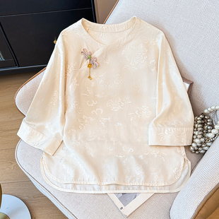 盘扣白色上衣国风气质茶服采耳上衣 女长袖 新中式 斜襟提花套头衬衫